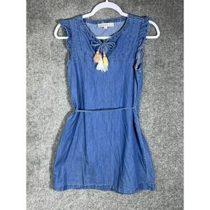 Ann Taylor LOFT Blue Chambray Dress‎ Womens XS Petite XSP Ruffle Tassel Tie
